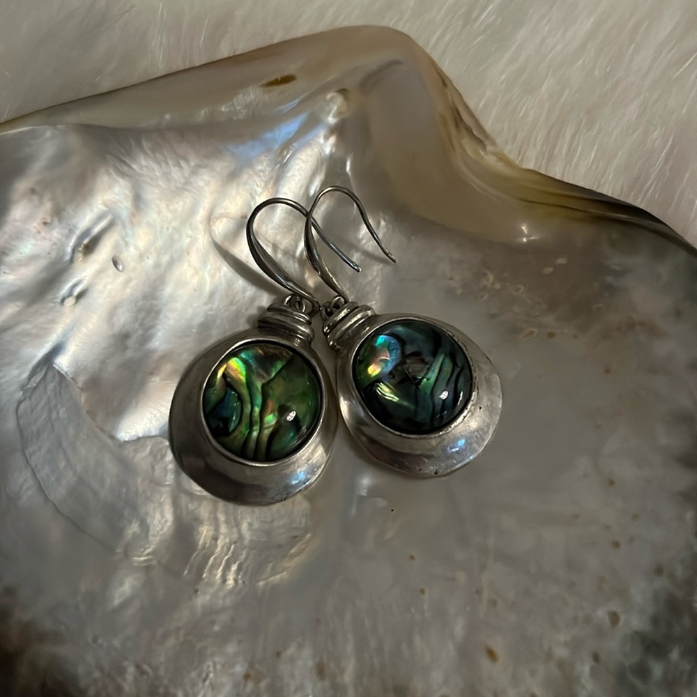 Robert Lee Morris Soho RLM, silver, and Abalone round earrings